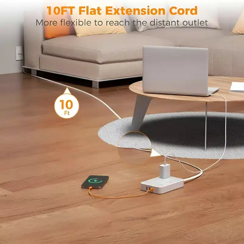 10FT Flat Extension Cord Power Strip with 6 Outlets
